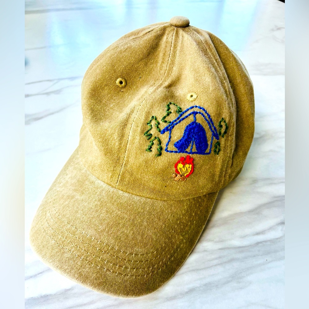 Camping Tent Season! NEW Hand-Embroidered Camp Site Distressed Tan Baseball Hat!